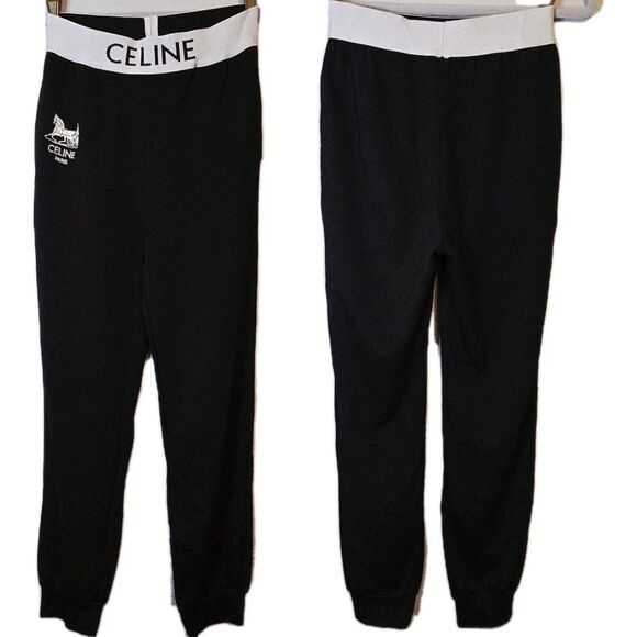 Celine Paris Athletic Pants Jogger Women Small Black Embroider Vtg Logo Pockets - Picture 2 of 8